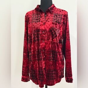 Belle Kim Gravel M Red Plaid Velvet Button-Up Shirt 862